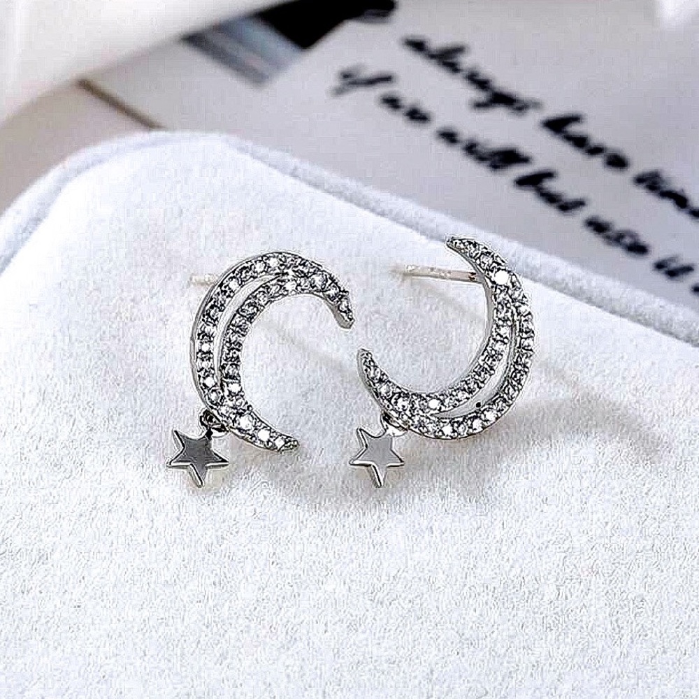 Delicate Silver Tone Moon & Dangling Star Earrings - Picture 6 of 8